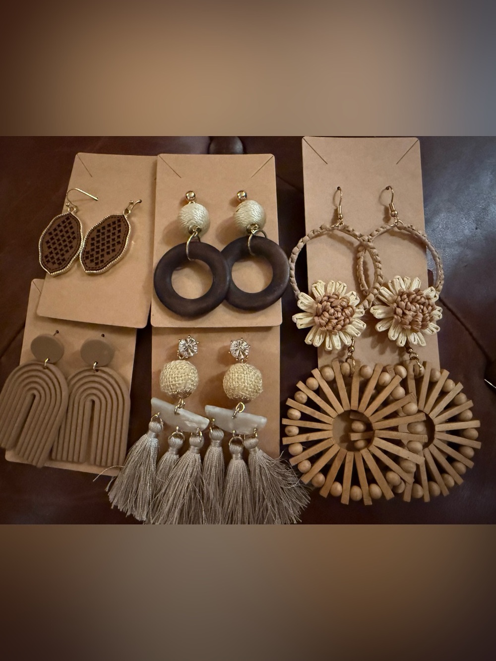 Neutral Boho Drop Earrings with Raffia and Wood Accents